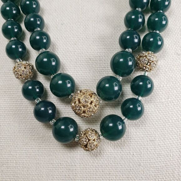 Vintage Talbots Green Bead Rhinestone Ball Two Strand 26" Necklace NWT - Picture 6 of 15